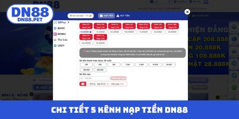 Chi tiết 5 kênh nạp tiền DN88