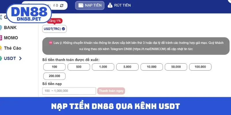 Nạp tiền DN88 qua kênh USDT
